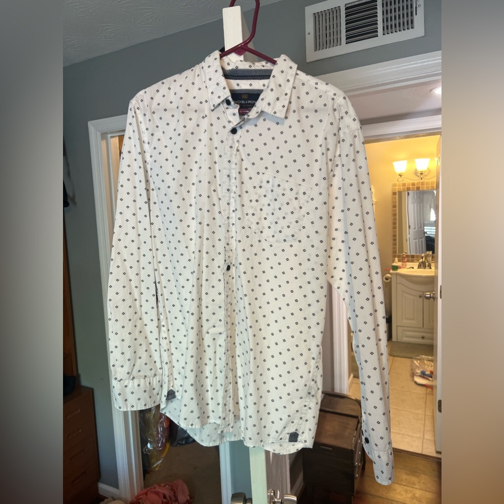 Nickel & Iron fashion button up white diamond pattern long sleeve shirt XL
